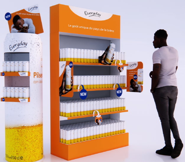 3D-visualisatie van een display-schap met product en bezoeker voor schaal