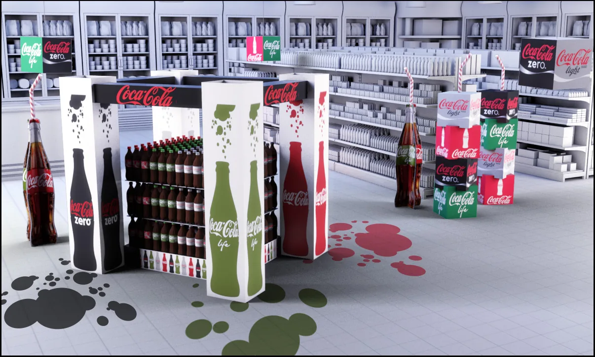Gekleurde POS-displays met flessen en schapcommunicatie in een winkel